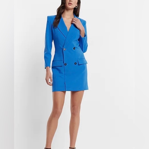 NEW Express Double Breasted Padded Shoulder Mini Blazer Dress Blue Size Large - Picture 1 of 15